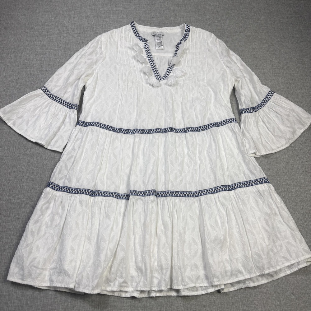 Tommy Bahama Tunic Blouse Womens S White Embroidered Tassel Bell Sleeve Cotton